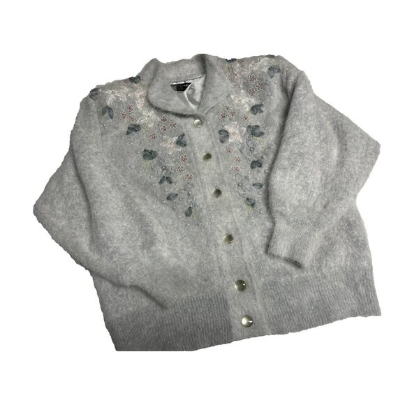 Venesha Angora Super Soft Cardigan Sweater Gray With Applique Flowers Size S - Picture 1 of 9